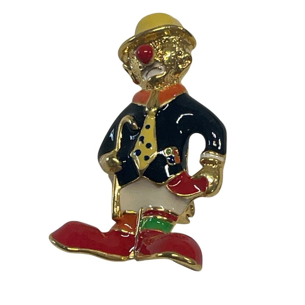 Vintage Gold Tone Enamel Clown Brooch With Red Shoes & Polka Dot Tie